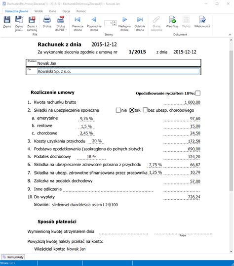 Przykładowy rachunek do umowy zlecenia