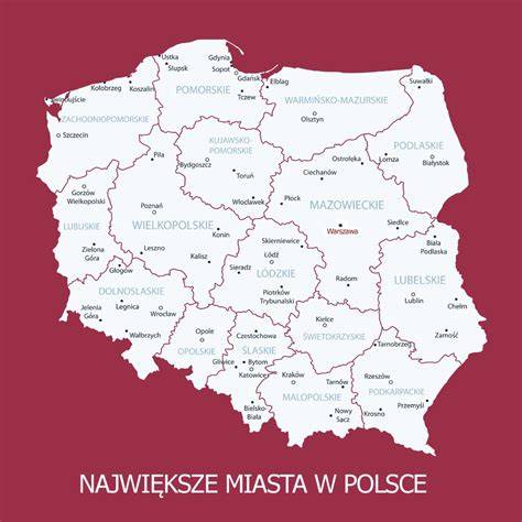 Mapa pokazująca główne miasta z ofertami staży w Polsce
