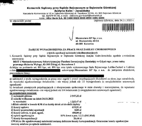 Przykładowe pismo komornicze o zajęcie wynagrodzenia