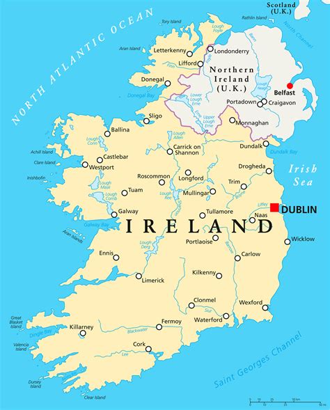 Mapa Irlandii z zaznaczonymi miastami uniwersyteckimi (Dublin, Cork, Galway, Limerick)