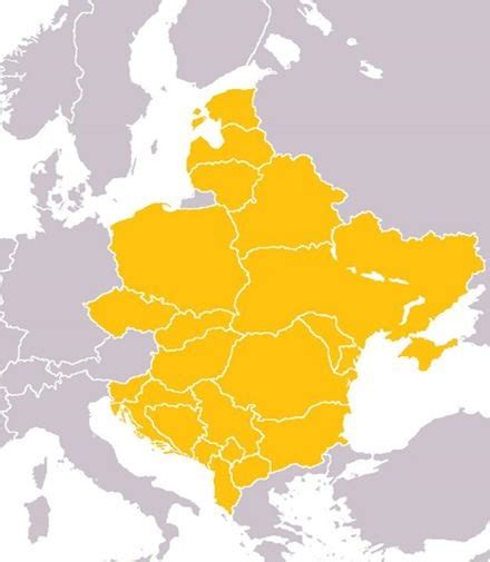 Mapa Europy Środkowo-Wschodniej z zaznaczonymi krajami działania Inter Cars
