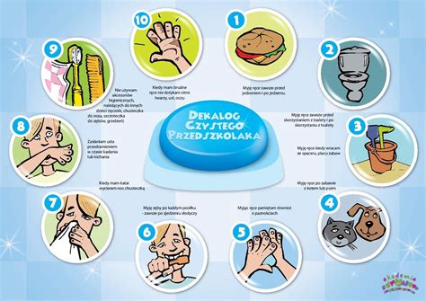 Ilustracja przedstawiająca zasady higieny w kuchni, z naciskiem na czystość rąk i unikanie biżuterii.