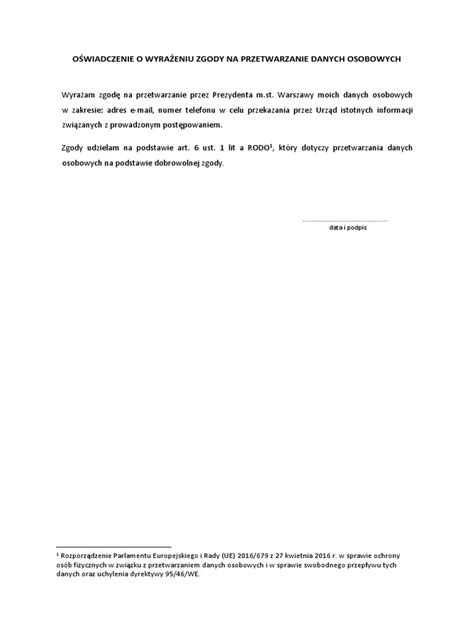 Formularz oświadczenia o zgodzie na przetwarzanie danych osobowych