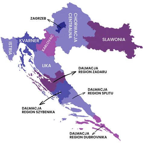 Mapa Chorwacji z zaznaczonymi popularnymi regionami turystycznymi
