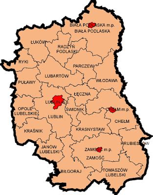 Mapa województwa lubelskiego z zaznaczonymi miastami (Chełm, Lublin, Zamość, Hrubieszów)