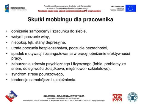 Tabela porównująca skutki mobbingu dla pracownika i firmy.