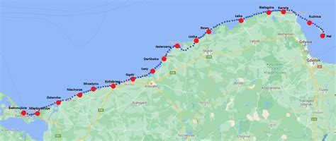 Mapa polskiego wybrzeża z zaznaczonymi popularnymi miejscowościami turystycznymi