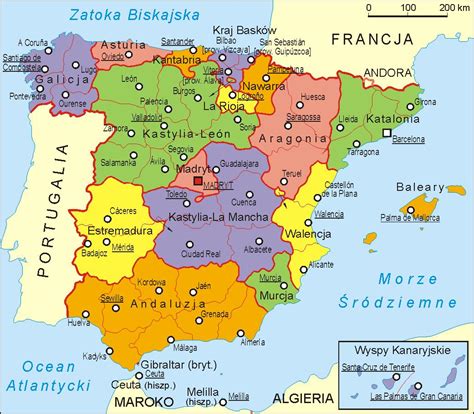 Mapa Hiszpanii z zaznaczonymi regionami CNT