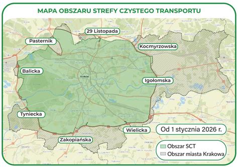 Mapa Krakowa z zaznaczoną Strefą Czystego Transportu