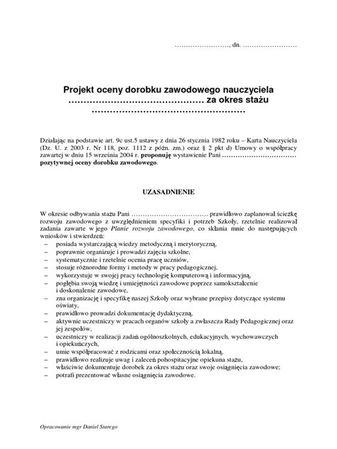 Przykładowy formularz oceny dorobku zawodowego nauczyciela