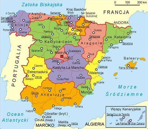 Mapa Hiszpanii z zaznaczonymi głównymi miastami i regionami
