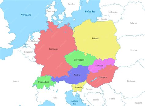 Mapa Europy Środkowej z zaznaczonym Trójkątem Wyszehradzkim