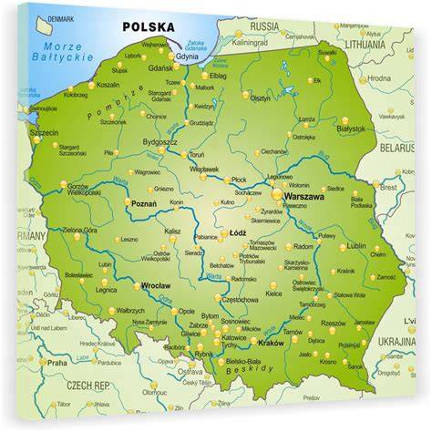 Mapa Polski z zaznaczonymi największymi miastami, gdzie zarobki baristy mogą być najwyższe.