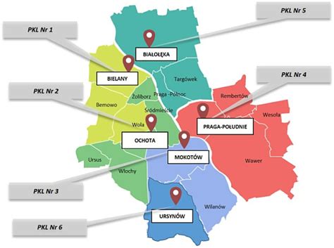 Mapa z zaznaczonymi lokalizacjami Urzędu Pracy m.st. Warszawy