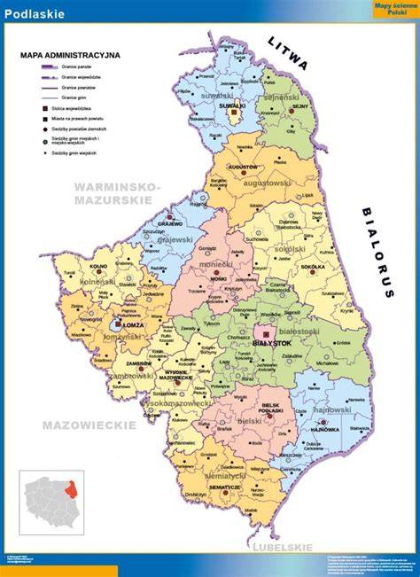 Mapa województwa podlaskiego z zaznaczonymi głównymi miastami