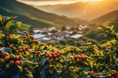 Plantacja kawy z widocznymi krzewami kawowca i owocami