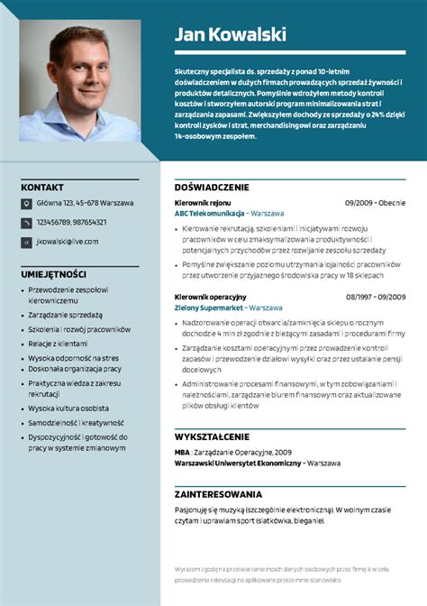 Szablon kreatora CV z przykładowymi sekcjami.
