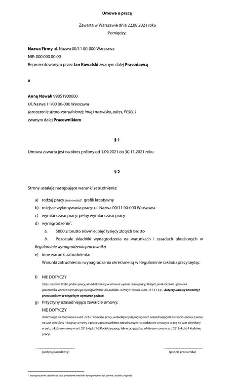 Przykładowa umowa o pracę na Stadionie Miejskim