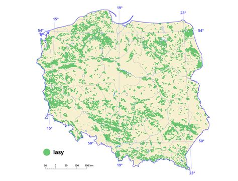 Mapa Polski z zaznaczonymi obszarami leśnymi