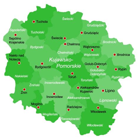 Mapa województwa kujawsko-pomorskiego z zaznaczonymi większymi miastami