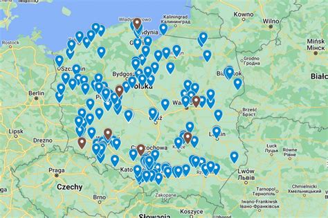 Mapa pokazująca lokalizacje sklepów Bricomarche i innych wymienionych firm w okolicach Obornik