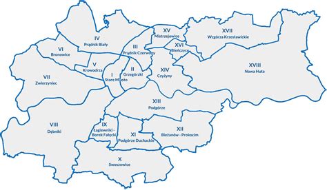 Mapa Krakowa z zaznaczonymi dzielnicami z ofertami pracy dla nauczycieli przedszkoli