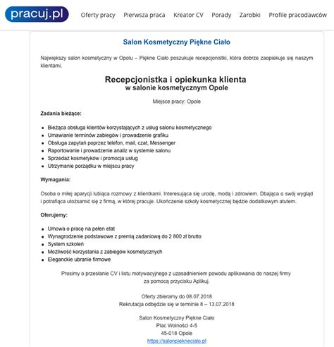 Przykładowe ogłoszenie o pracę dla kosmetologa