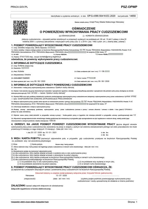 Formularz oświadczenia o powierzeniu wykonywania pracy cudzoziemcowi
