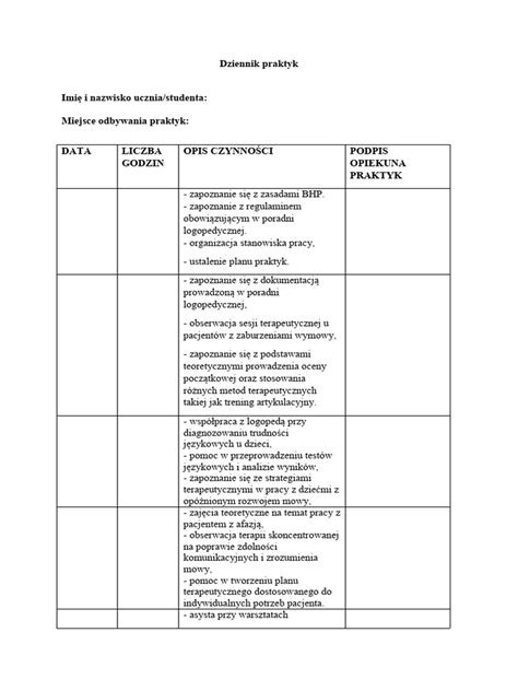 Przykładowy wpis do dziennika praktyk technika farmaceutycznego